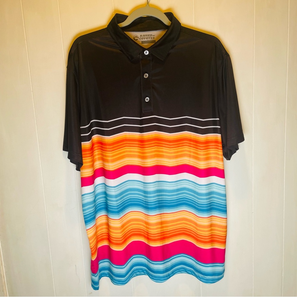 Raised By Coyotes Men’s Multi Colored Striped Golf Polo Size L
